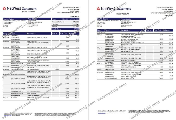 United Kingdom Natwest bank statement template in Excel and PDF format (2 pages)